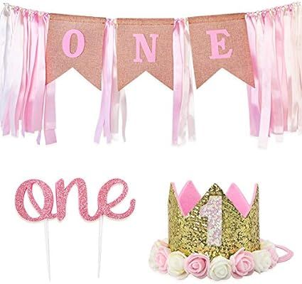 RUBFAC 1st Birthday Decoration for Girl, First Birthday Number 1 Crown,"one" Burlap Banner High C... | Amazon (US)