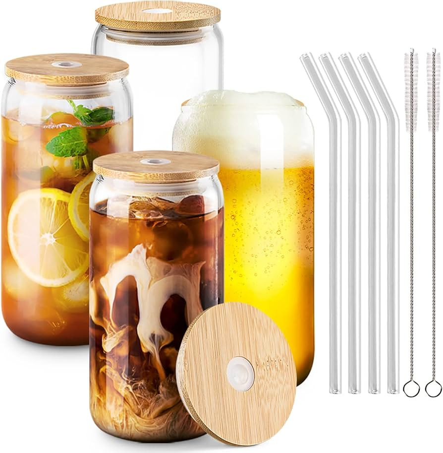 Combler Glass Cups with Lids and Straws, 16 oz Drinking Glasses Set of 4, Iced coffee Cup Coffee ... | Amazon (US)