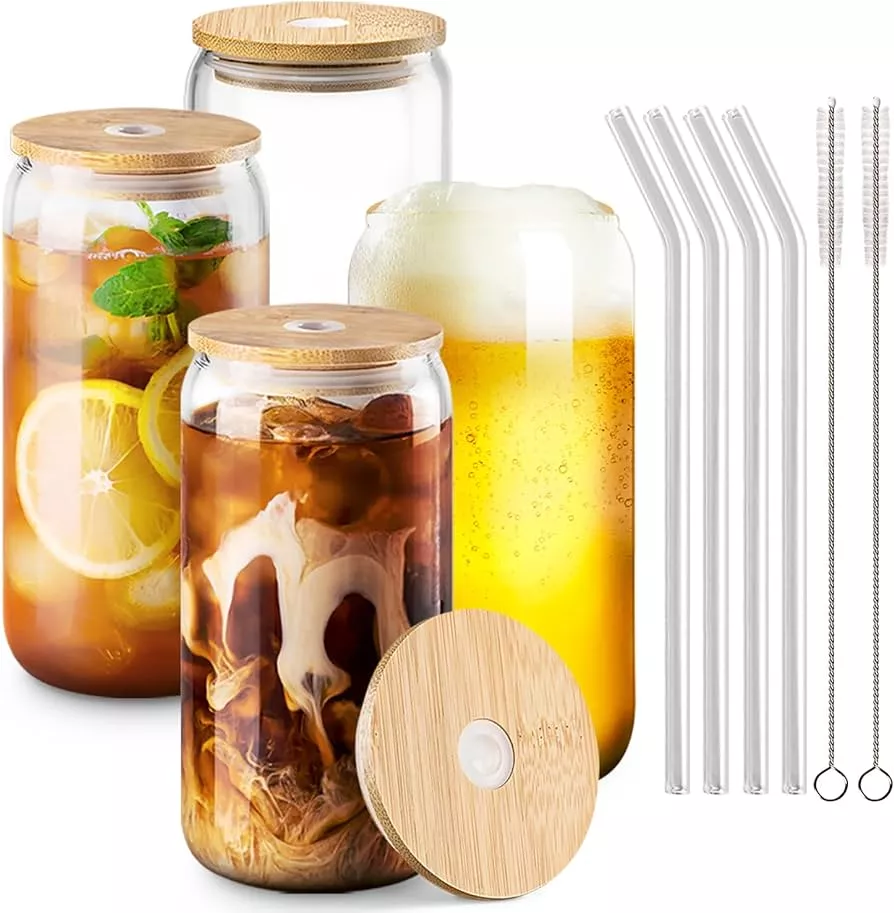 20 oz Glass Cups with Bamboo Lids and Glass Straw - 4pcs Set Drinking  Glasses, Iced Coffee Glasses 