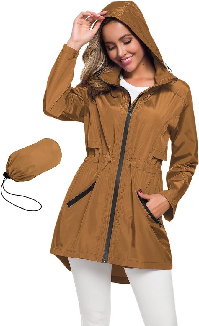 Women's Long Raincoat with Hood Outdoor Lightweight Windbreaker Rain Jacket Waterproof | Amazon (US)