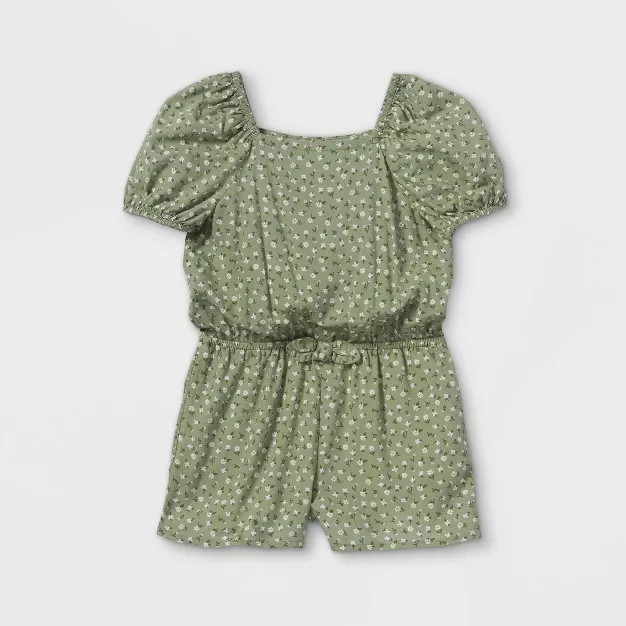 Toddler Girls' Floral Puff Sleeve Romper - Cat & Jack™ Olive | Target
