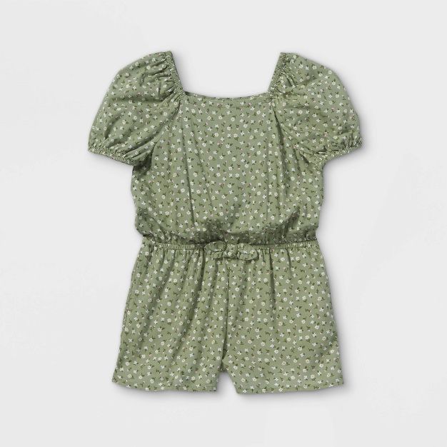 Toddler Girls' Floral Puff Sleeve Romper - Cat & Jack™ Olive | Target