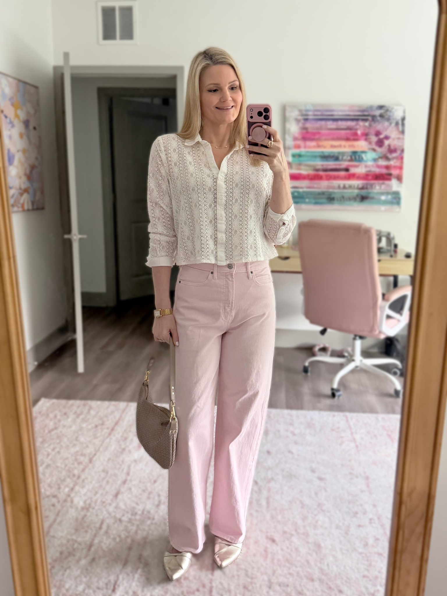 Spring outfit of the day. Pink high waisted, wide leg jeans (I sized down one)  

#LTKootd #LTKTall #LTKSeasonal