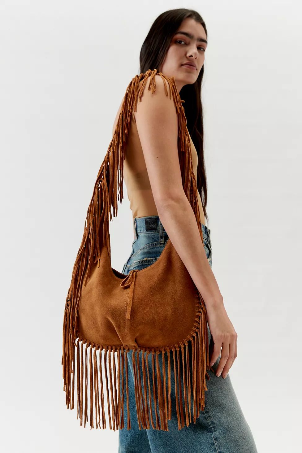 Silence + Noise Suede Fringe Hobo Sling Bag | Urban Outfitters (US and RoW)