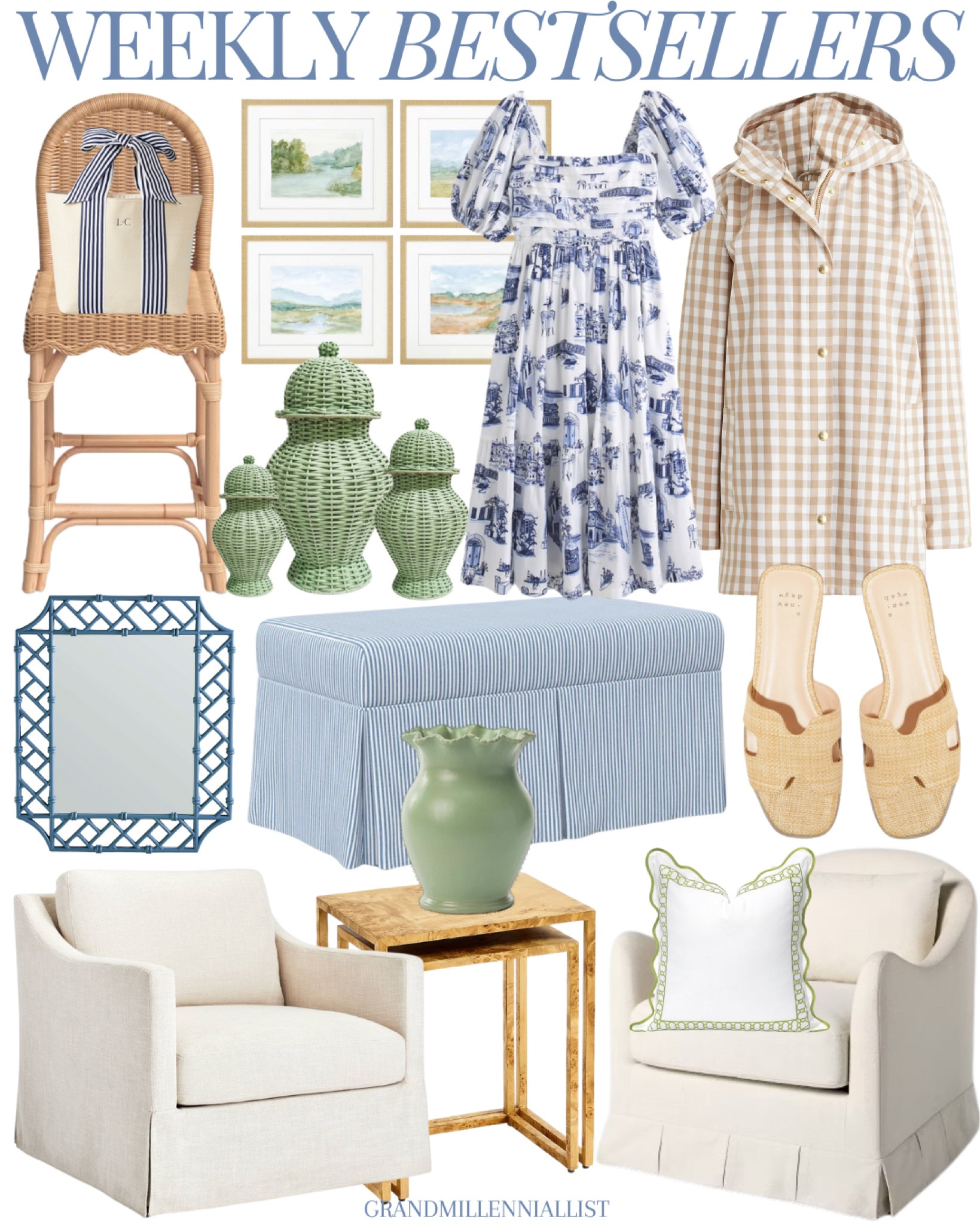 Weekly Bestsellers in Grandmillennial home and fashion

Spring dress / rain jacket gingham check / white upholstered chairs / woven barstools / bamboo mirror chinoiserie / wicker / burl nesting tables / coastal home artwork 

#LTKHome #LTKStyleTip #LTKSeasonal