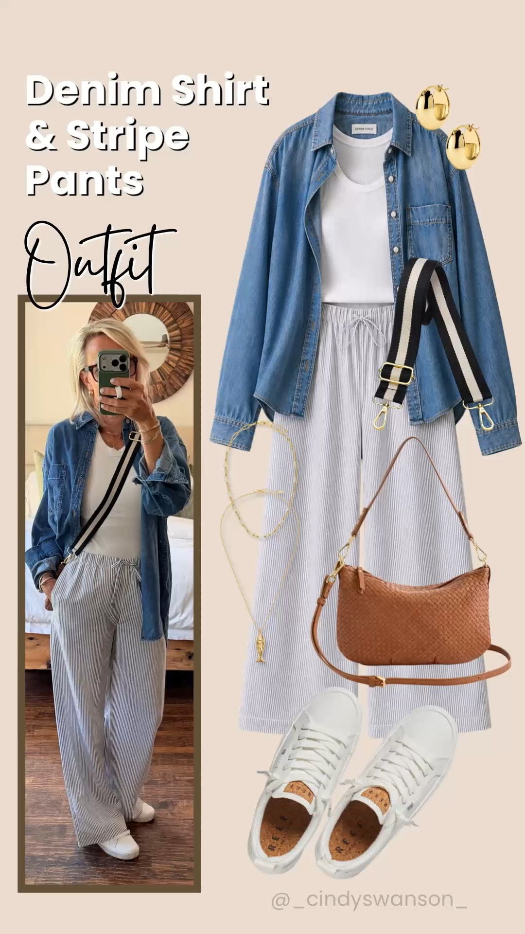 This denim shirt is one of my favorite layering pieces for creating effortless everyday outfits. Paired with striped wide-leg pants, a simple white tank, and classic sneakers, it’s a comfortable, polished look that’s perfect now and easy to transition into fall.

💡 LTK MADE EASY
❤️ Heart = Support my posts!
🔖 Save = Get sale & restock alerts
📋 Lists = Keep favorites organized
📲 Share = Send lists and products to a friend. Hello, Christmas List!
💬 Comment = Ask me anything about what I’m wearing. :-)

#LTKootd #LTKSeasonal #LTKOver40