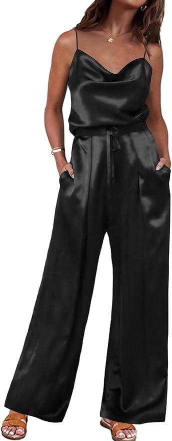 Ekouaer Pajamas for Women Silk Cowl Neck Cami Top Wide Leg Long Pants Set Satin Pjs Sleepwear 2 P... | Amazon (US)
