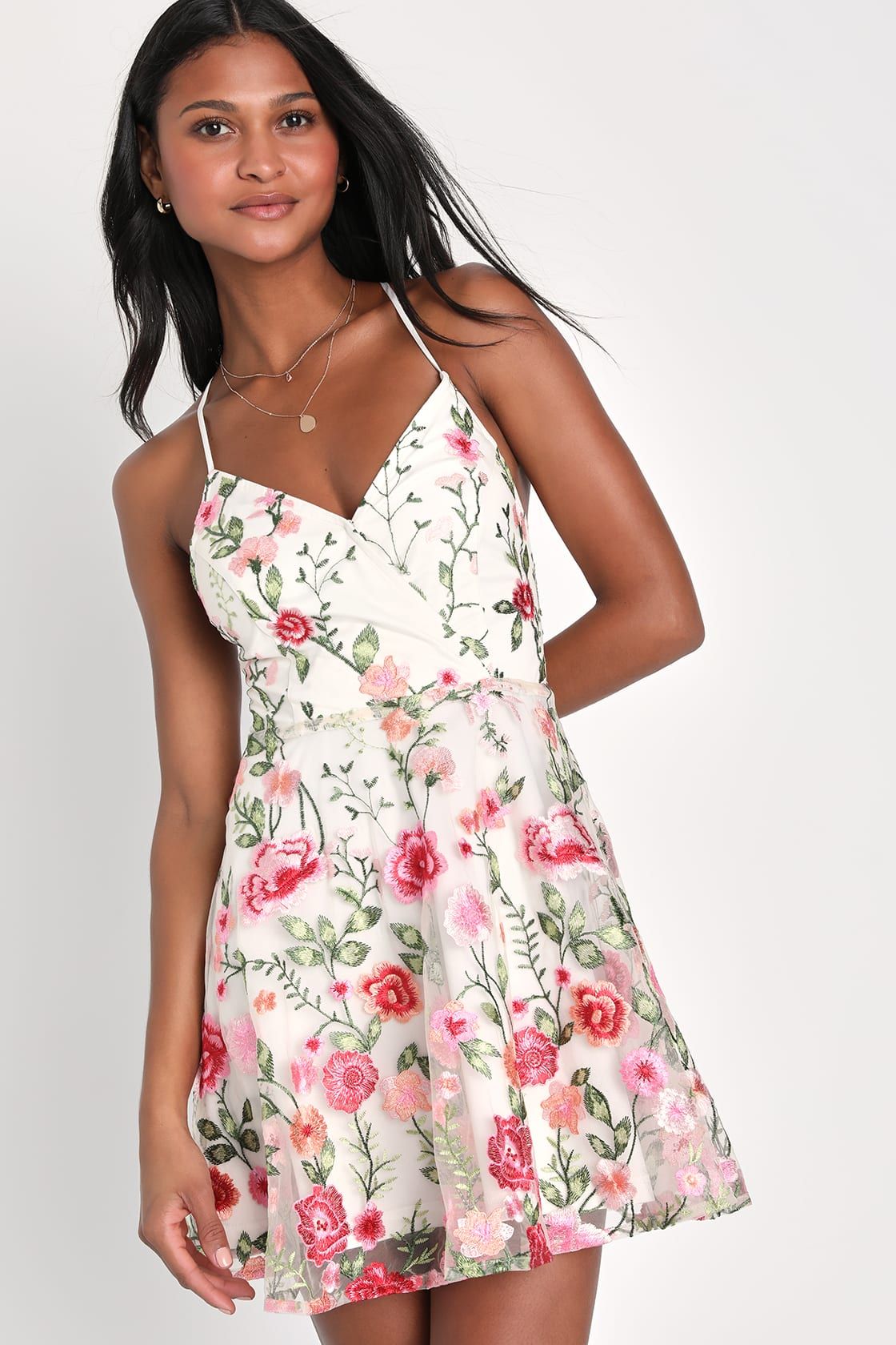 Natural Charmer White Floral Embroidered Lace-Up Mini Dress | Lulus (US)