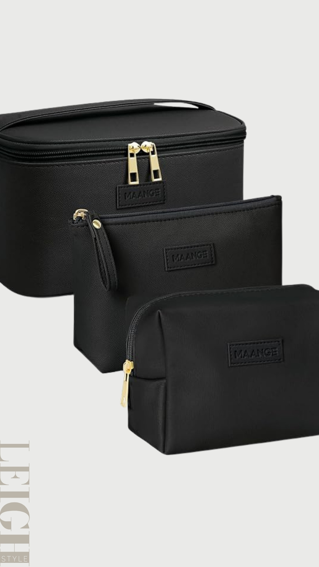 Stay effortlessly organized with the MAANGE Makeup Bag Set — a sleek, minimalist trio designed for beauty lovers on the go. Crafted in elegant black with gold-tone hardware, this set includes multiple sizes to keep your skincare, makeup, and travel essentials perfectly arranged. 

 #LTKgrwm #LTKmorningroutine #LTKBeauty