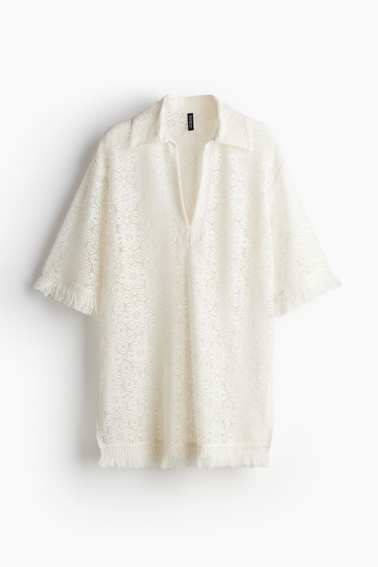 Fringe-trimmed Lace Polo Shirt - Cream - Ladies | H&M US | H&M (US + CA)