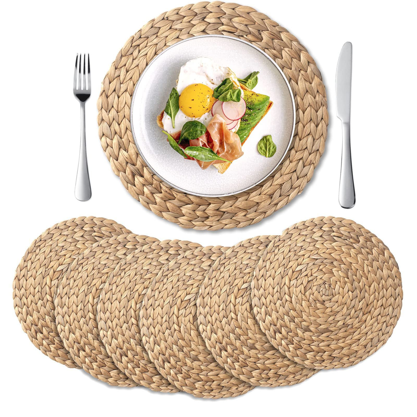 6 Pack, Round Woven Placemats, Natural Water Hyacinth Wicker Place mats, Braided Straw Table Mats... | Amazon (US)