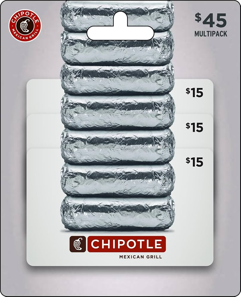 Chipotle Physical Gift Cards (Multipack of 3 x $15) - $45 | Amazon (US)