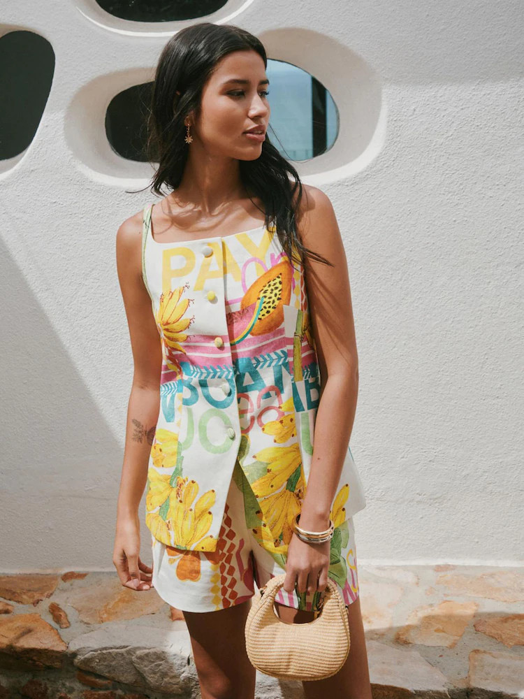 Wit/geel - Linen Rich Postcard Print Shorts | Next EU