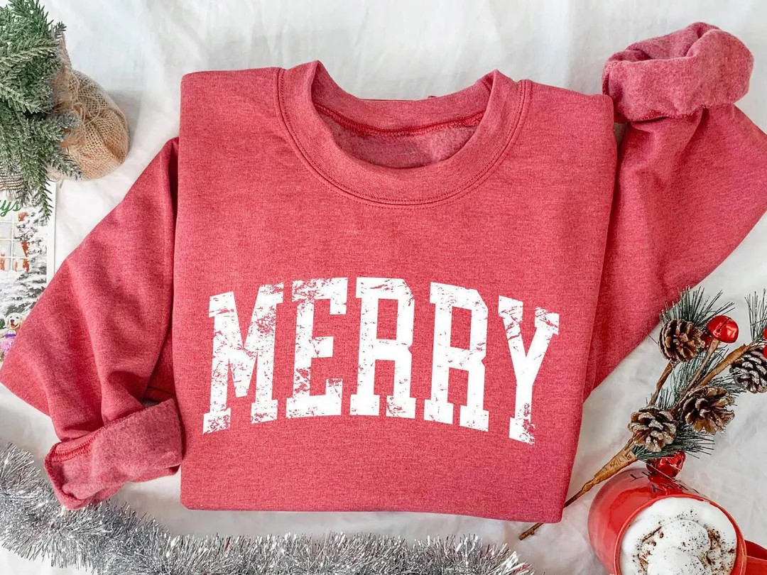 Retro Merry Sweatshirt : Womens Christmas Shirt, Festive Holiday Sweater, Cute Christmas Gift - E... | Etsy (US)