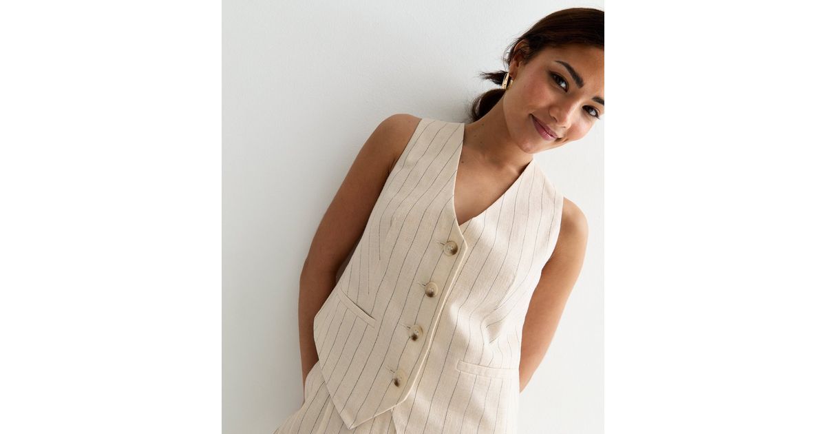 Petite Off White Stripe Linen-Look Waistcoat | New Look | New Look (UK)