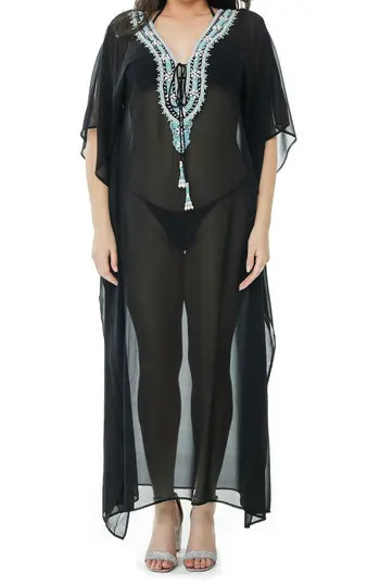 RANEES Beaded Mesh Woven Kaftan Coverup in Black at Nordstrom Rack | Nordstrom Rack