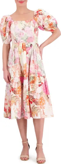 Vince Camuto Floral Square Neck Puff Sleeve Cotton Midi Dress | Nordstrom | Nordstrom