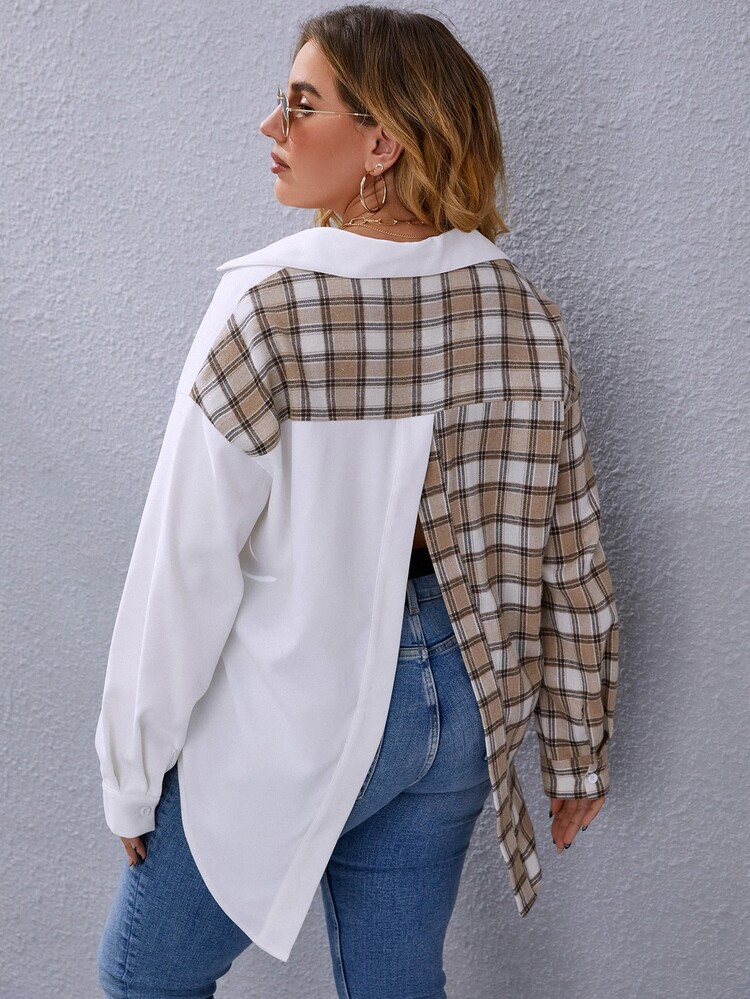 Plus Plaid Spliced Split Back Shirt | SHEIN