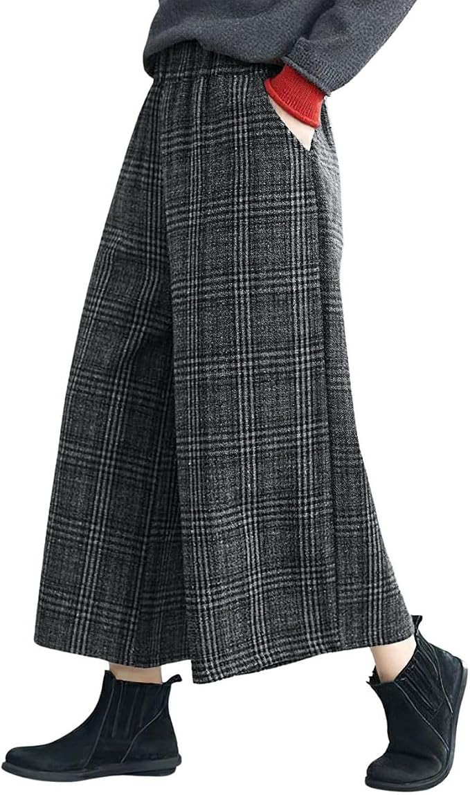 chouyatou Women's Winter Wool Plaid Wide Leg Cropped Pants Elastic Waist Wool Blend Capri Pants w... | Amazon (US)