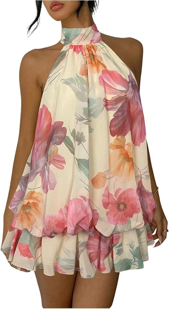 OYOANGLE Women's Floral Halter Dress Backless Bubble Ruffle Chiffon Mini Dress Drop Waist Beach Vacation Sundress | Amazon (US)