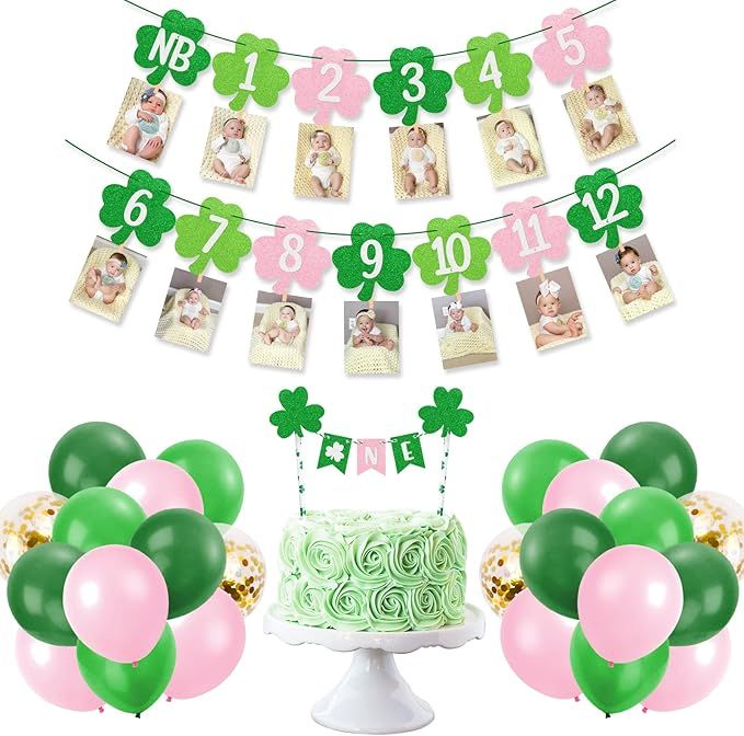 Pink St. Patrick's Day 1st Birthday Photo Banner for Girls Shamrock 12 Month Glitter Banner Irish... | Amazon (US)