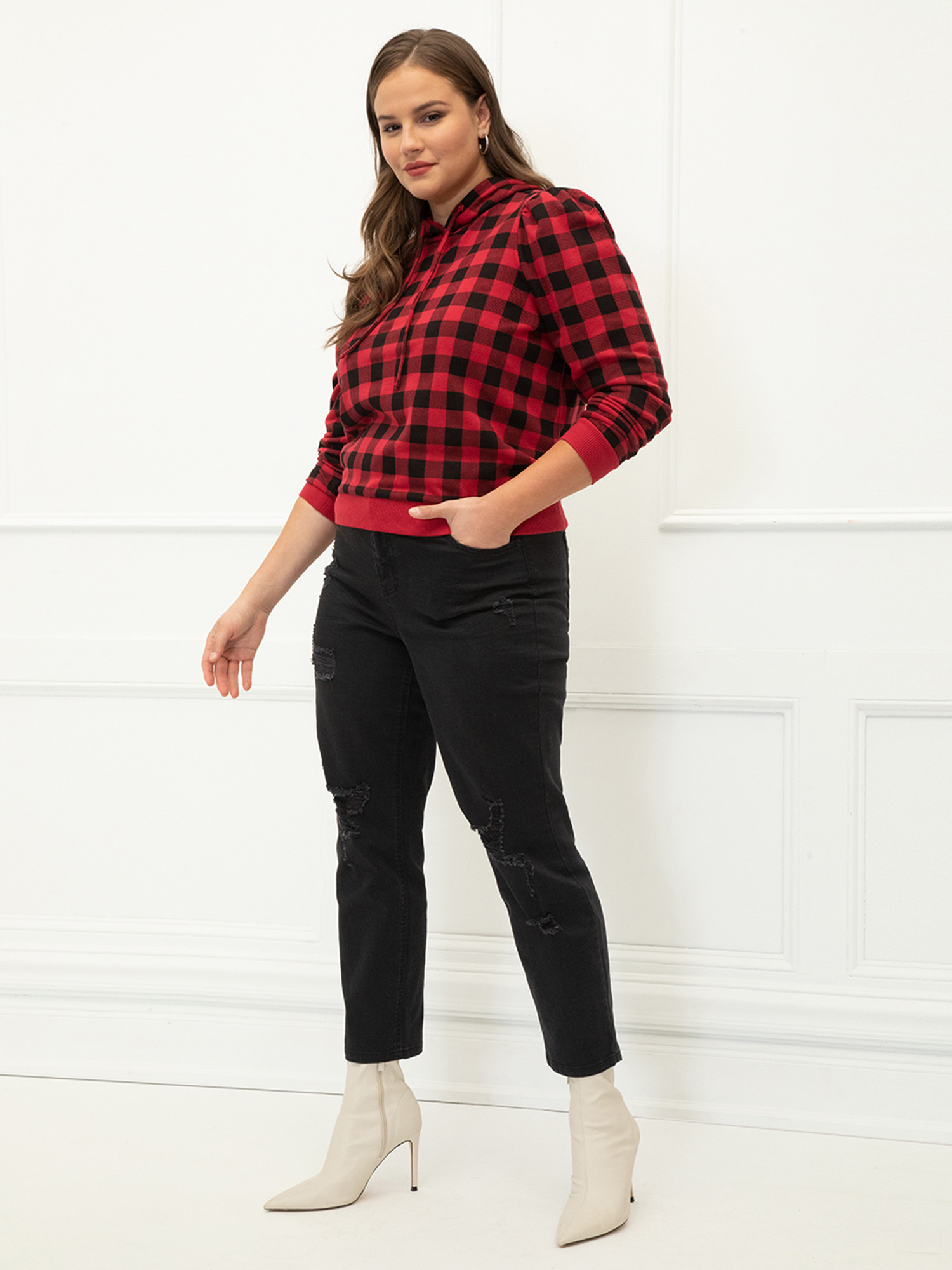 ELOQUII Elements Plus Size Puff Sleeve Hooded Plaid Sweatshirt - Walmart.com | Walmart (US)