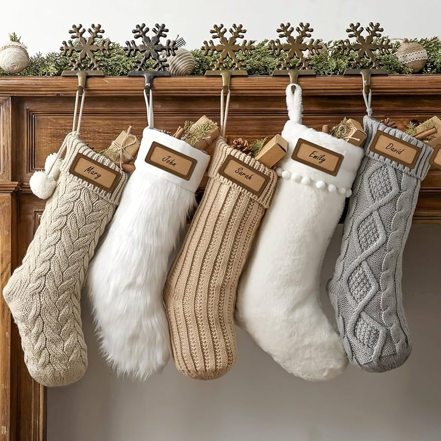 Christmas Stockings: 5 Pack 18 inch Farmhouse Plush Faux Fur & Cable Knitted Fireplace Xmas Stock... | Amazon (US)
