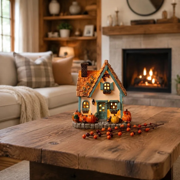 Fall Harvest Light Up House Set, 7.5" Resin Pumpkin Cottage Figurines with LED Lights for Autumn ... | Walmart (US)