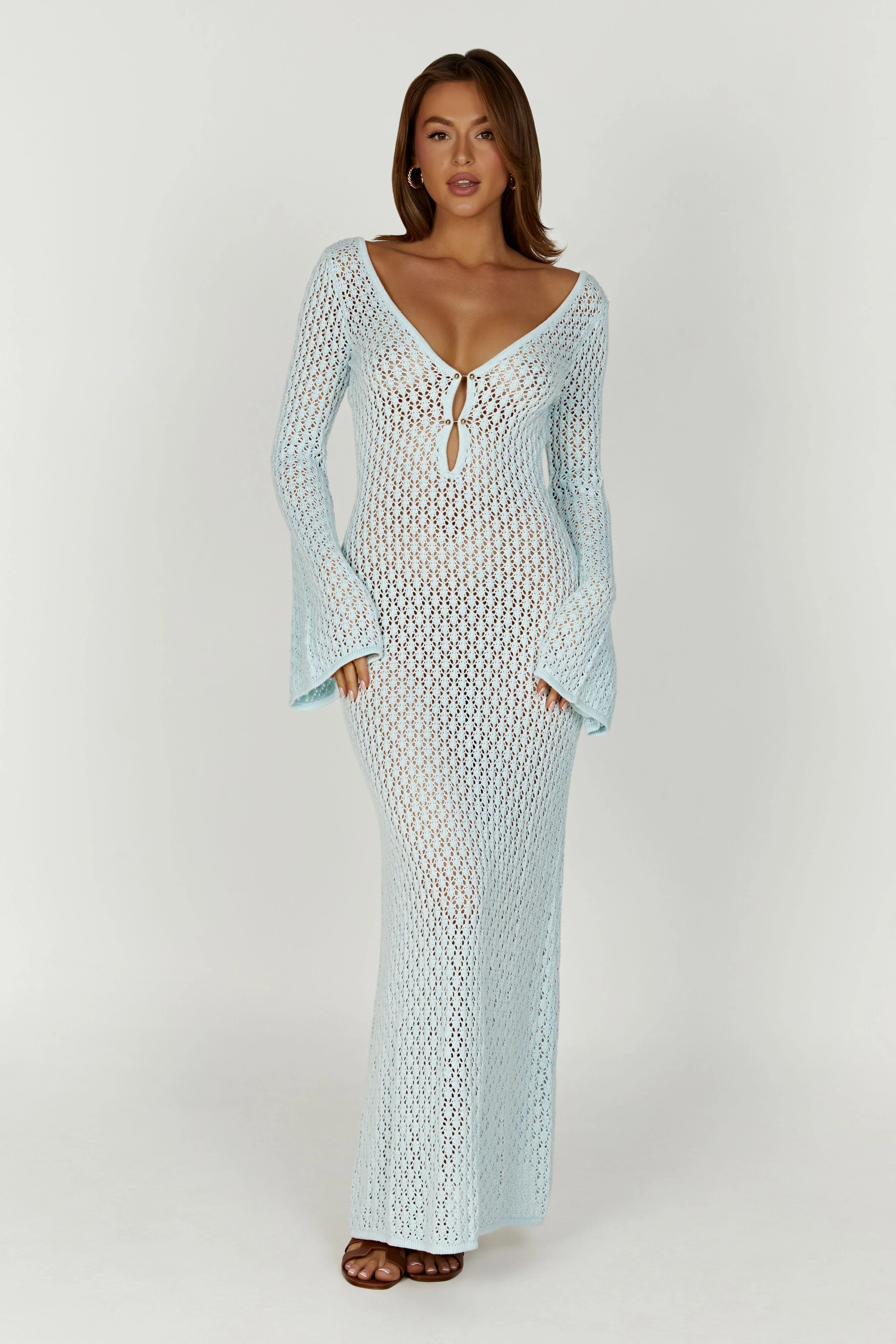 Kayleigh Crochet Fishtail Flare Sleeve Maxi Dress - Arctic Blue | MESHKI US