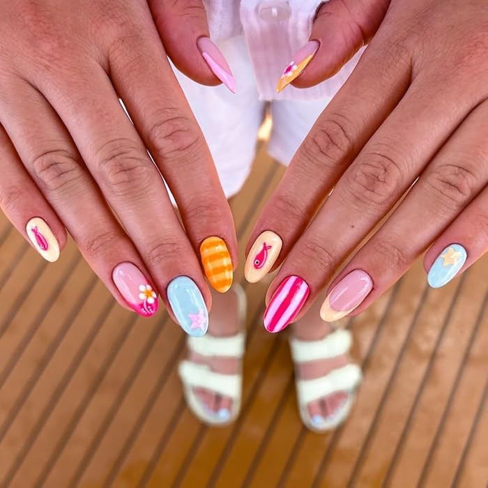 Summer Press on Nails Short Oval,Colorful Fake Nails with Fish,Starfish,Striped Designs,Reusable ... | Amazon (US)