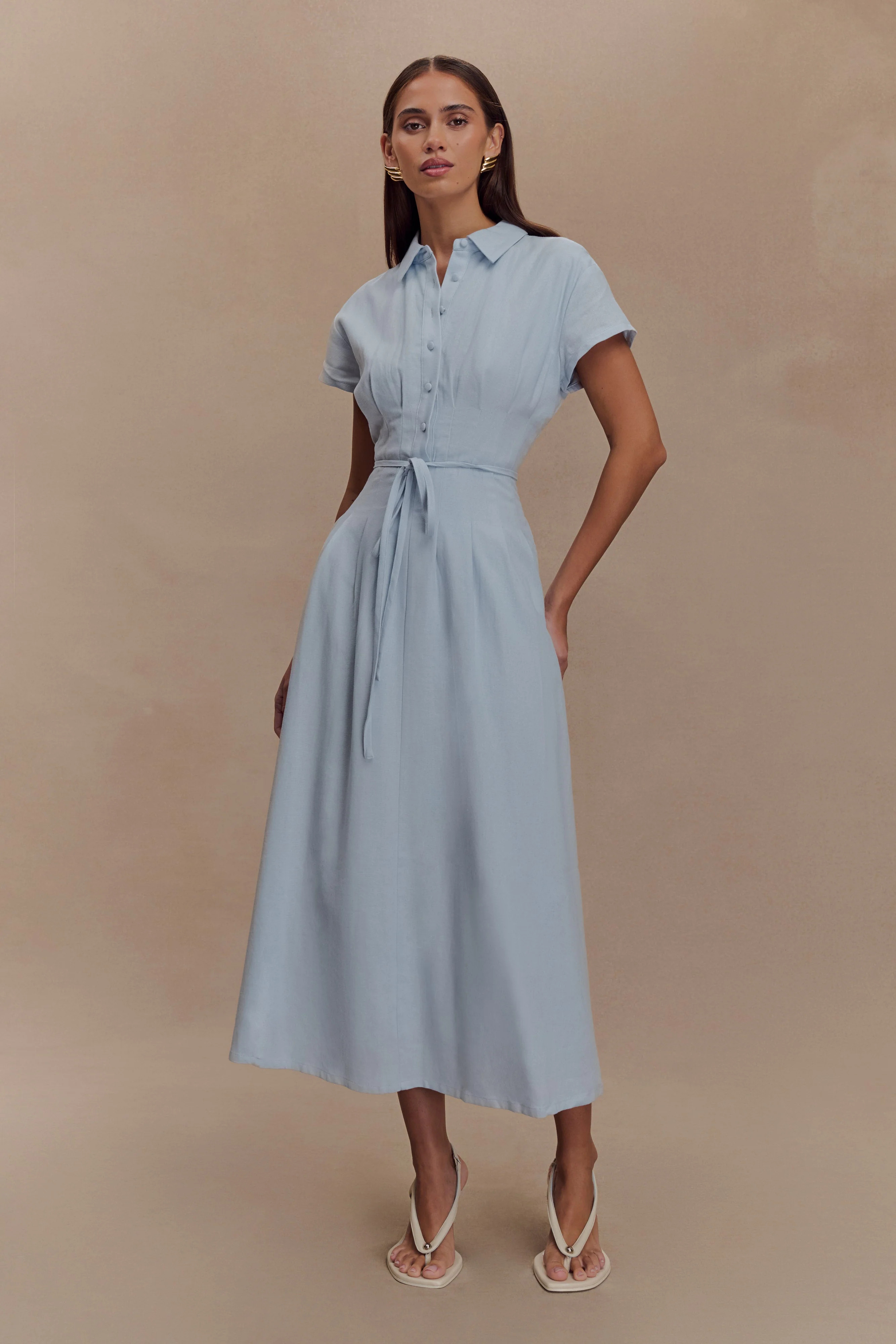 Aysha Buttoned Linen Midi Dress - Cornflower Blue | MESHKI US