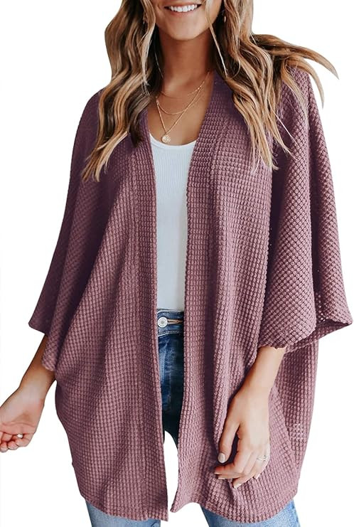 YIBOCK Women's Lightweight Kimono Cardigans Sweater Loose Waffle Knit 3/4 Batwing Sleeve Beach Co... | Amazon (US)
