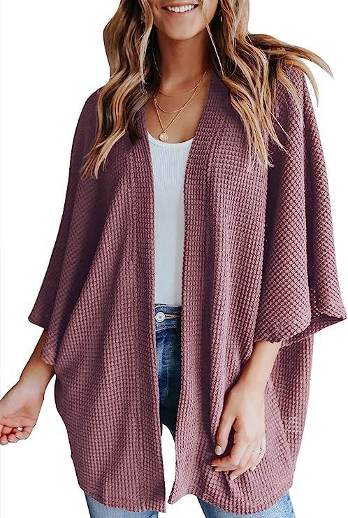 YIBOCK Women's Lightweight Kimono Cardigans Sweater Loose Waffle Knit 3/4 Batwing Sleeve Beach Co... | Amazon (US)