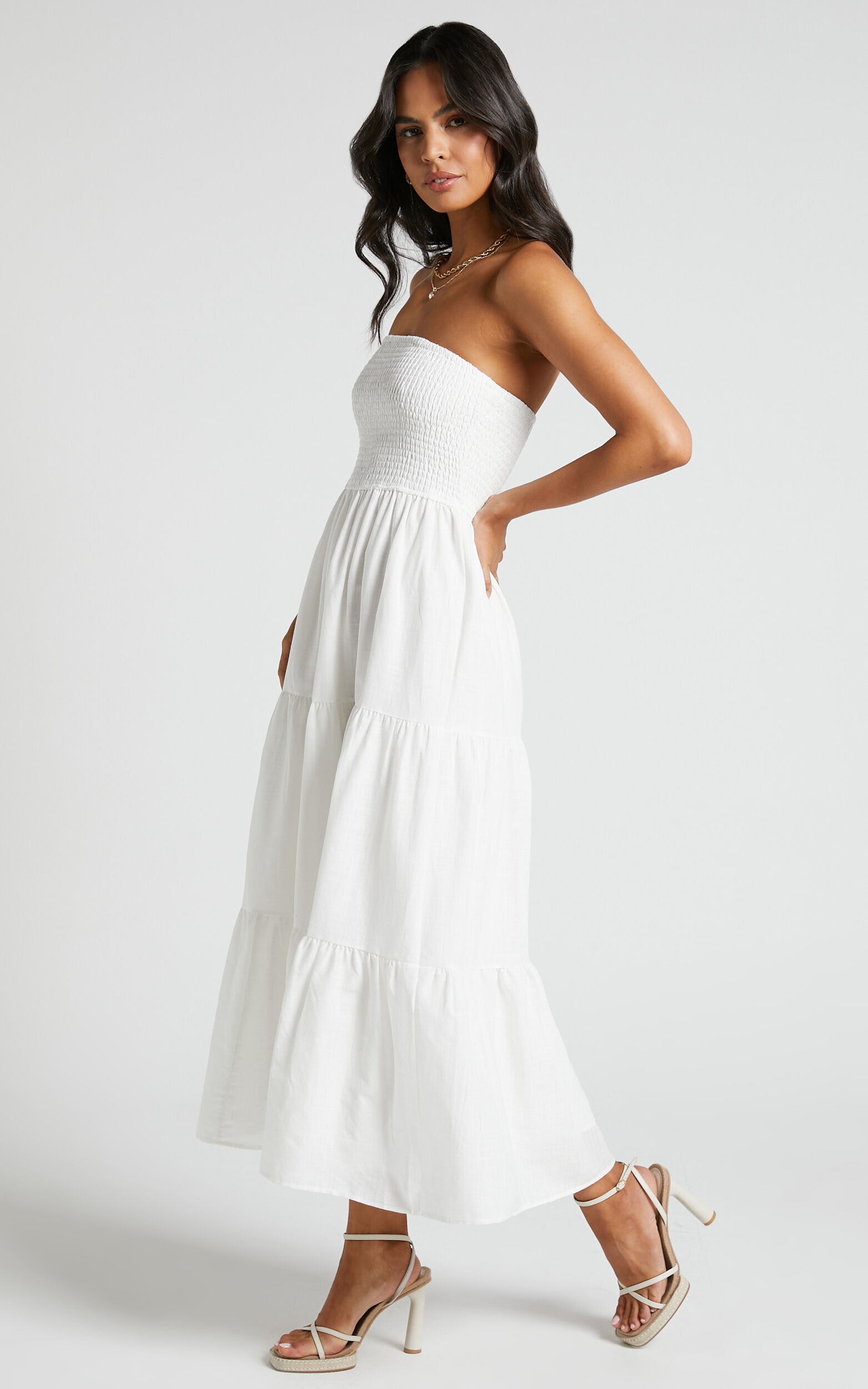 Zoe Midi Dress - Strapless Shirred Bodice Tiered Dress in White | Showpo (US, UK & Europe)