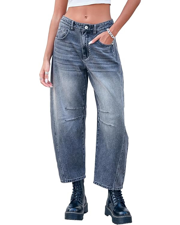 GREAIDEA Mid Rise Barrel Jeans for Women Wide Leg Mid Waist Cropped Denim Pants Y2k Baggy Boyfrie... | Amazon (US)