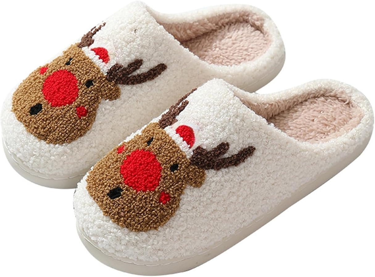Christmas Slippers For Women Men Soft Plush Warm Slip-On Slippers Comfy Fur Lined House Slippers | Amazon (US)