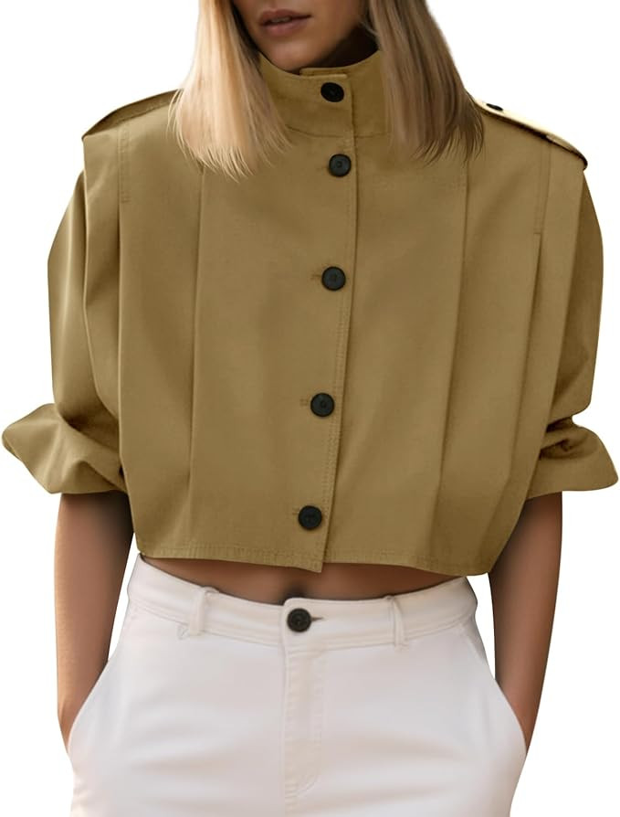 Cicy Bell Womens Cropped Trench Coats Pleated Button Down Short Jackets Fall Casual Lapel Loose F... | Amazon (US)