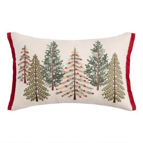 Pier Place Ivory, Red and Green Beaded Trees Lumbar Pillow | World Market