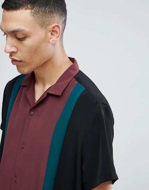 ASOS Regular Fit Viscose Cut And Sew Shirt with Revere Collar in Black | ASOS UK