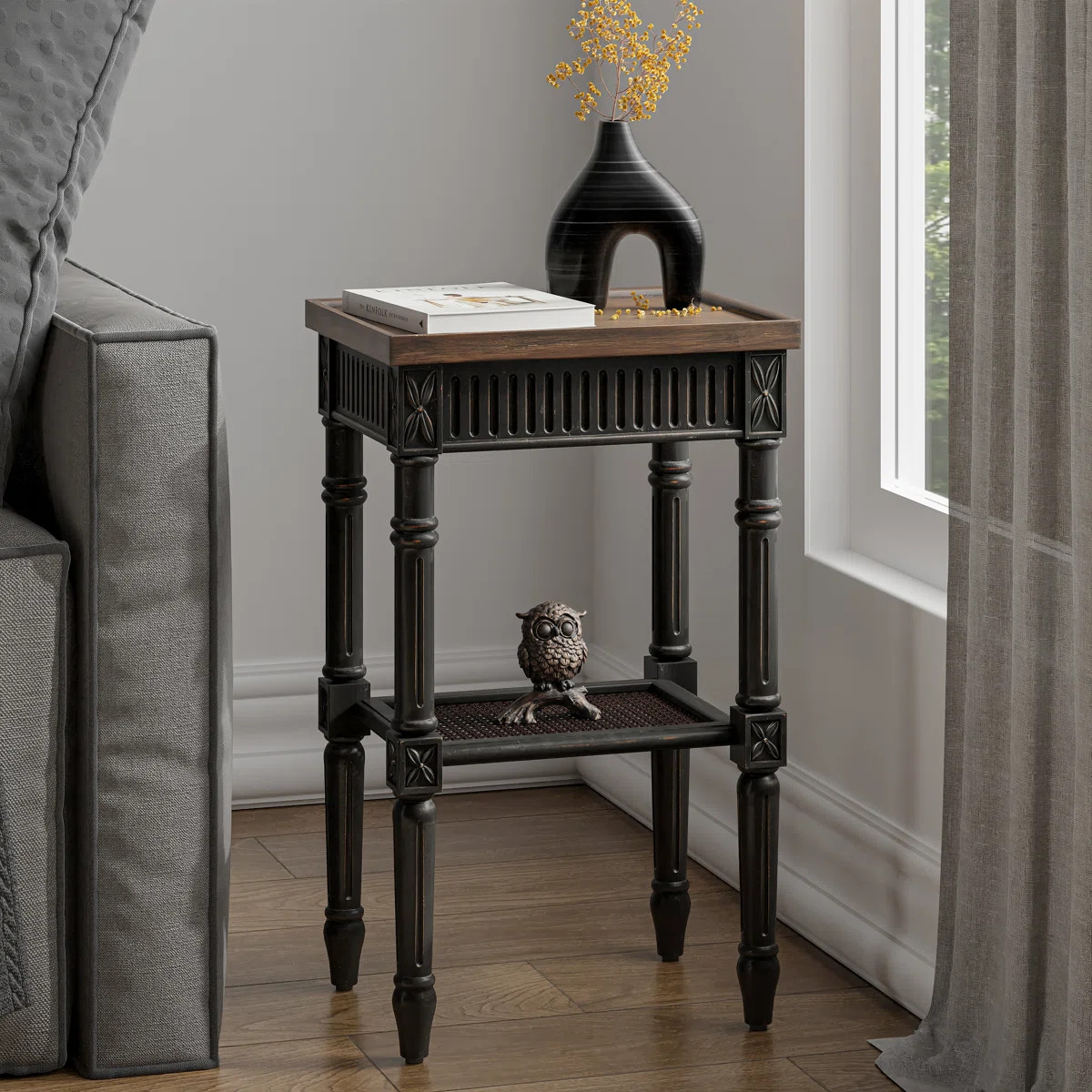 Psomas Rustic Farmhouse Square End Table, Distressed Side Table with Espresso Tray Top & Woven Sh... | Wayfair North America