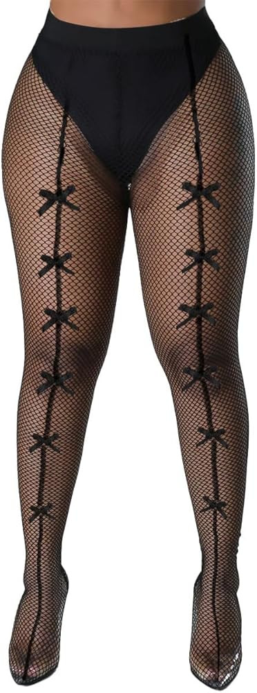 XIUSEMY Sexy Fishnet Stockings for Women Bow Tie Cute Tights Lace Pantyhose | Amazon (US)