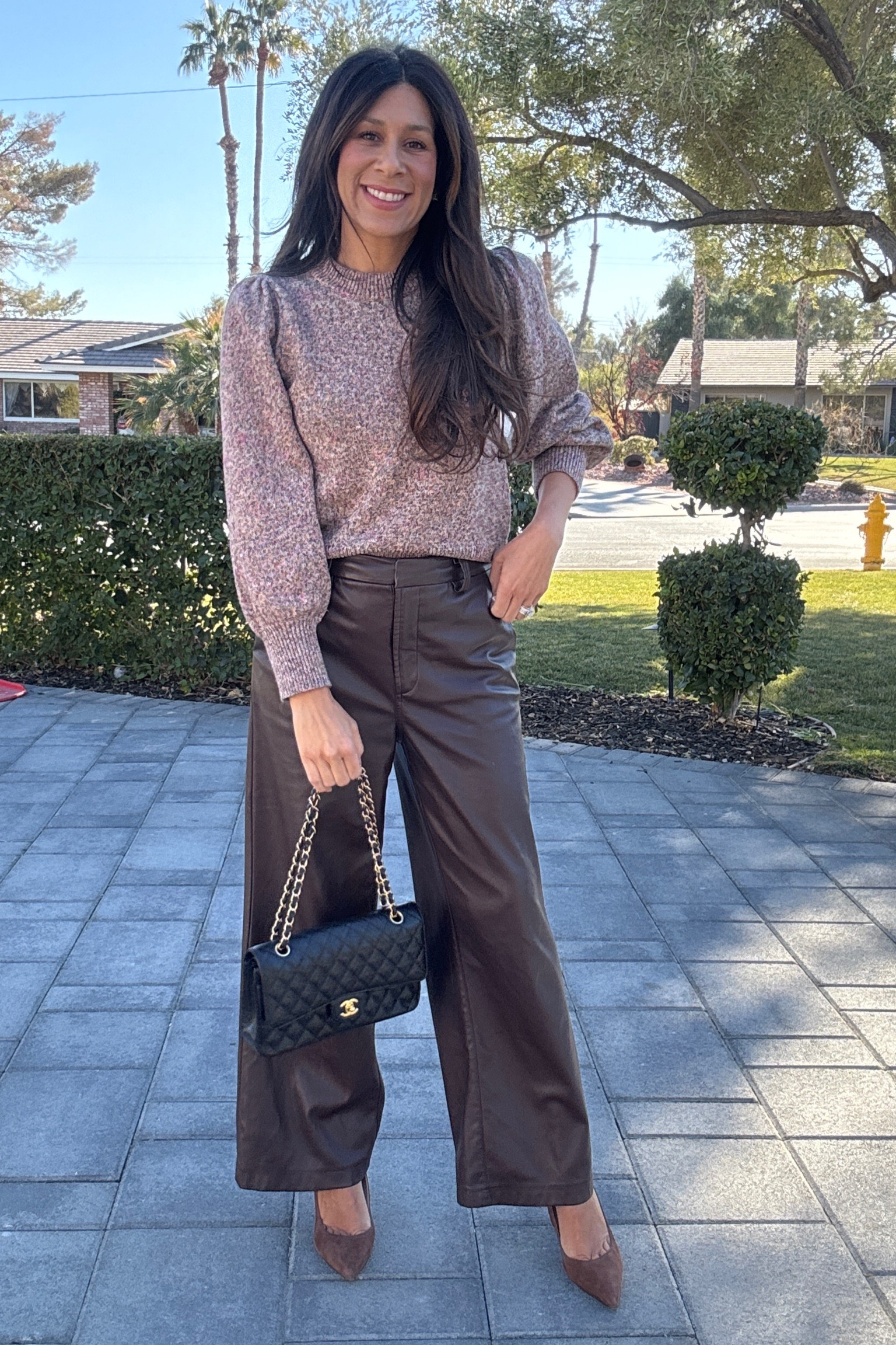 Casual luxe with cozy textures and timeless details 🤎✨ These wide-leg leather pants paired with a Chanel classic are perfect for winter sunshine vibes! #ChicAndEffortless #OOTD
