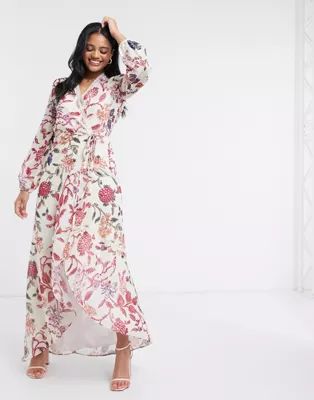 Hope & Ivy wrap front maxi dress with lace neckline in floral print | ASOS (Global)
