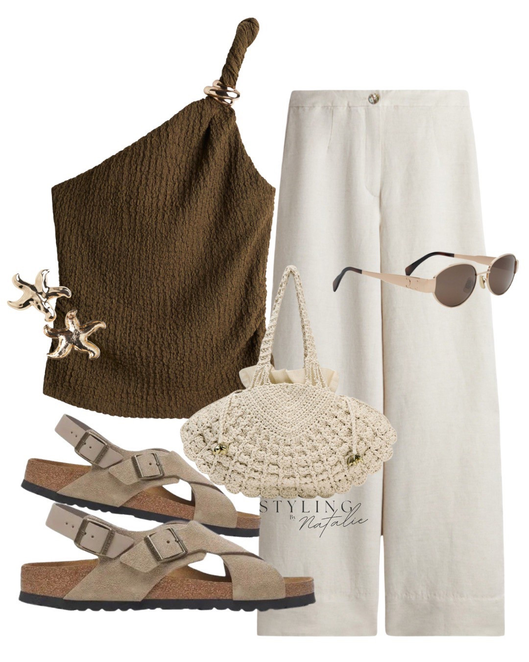 Neutral casual chic- One shoulder textured top with hood detail, wide leg tailored trousers, crochet knit bag, Celine sunglasses, Birkenstock sandals and star shape earrings. Casual chic, everyday outfit, neutral tones, holiday style 

#LTKsummer #LTKuk #LTKmodest