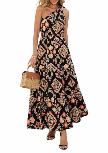 PRETTYGARDEN Women's Summer Floral One Shoulder Maxi Dress Knot Ruffle Boho Beach Vacation Wedding Guest Long Sun Dresses (Black Multicolored Floral,XX-Large) | Amazon (US)