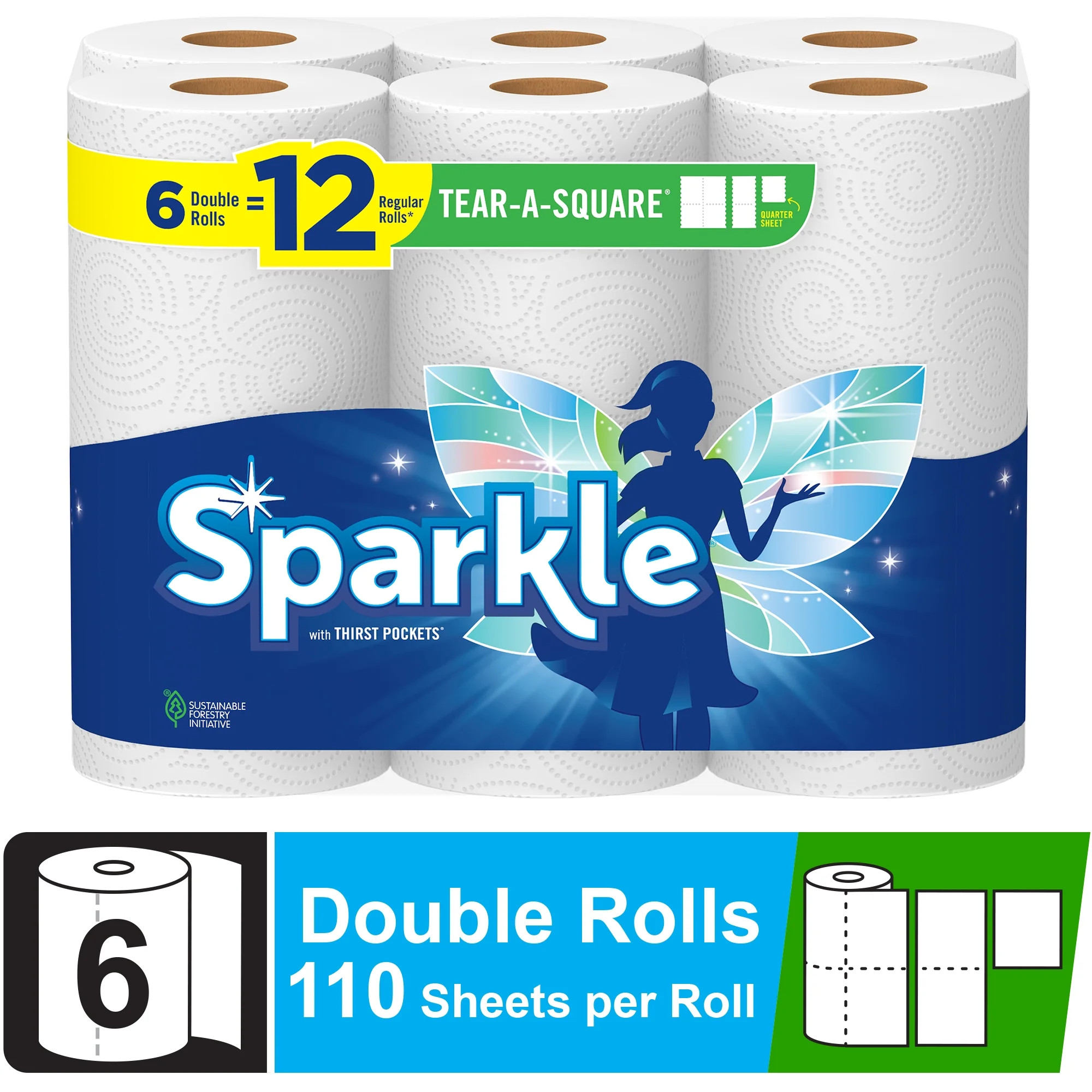 Sparkle Tear-a-Square Paper Towels, 6 Double Rolls | Walmart (US)