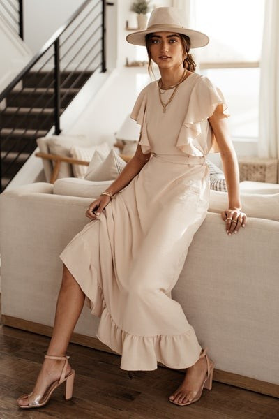 Janet Ruffle Sleeve Maxi Dress in Beige | Böhme US