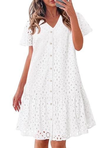 KIRUNDO Summer Dresses for Women 2025 Button Down V Neck Short Sleeve Hollow Out Lace A Line Casu... | Amazon (US)