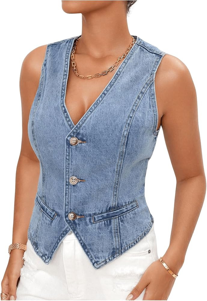 MakeMeChic Women's V Neck Sleeveless Denim Jacket Single Breasted Crop Top Y2k Jean Vest | Amazon (US)