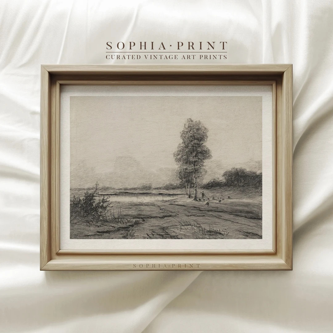 Vintage Sketch Art Print, Landscape Sketch Art, Neutral Farmhouse Print, Sketch Etching Decor, La... | Etsy (US)